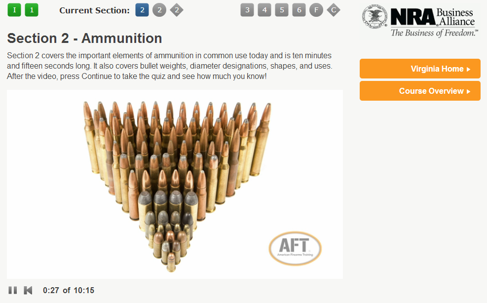 Screenshot of the safety learning module on ammunition