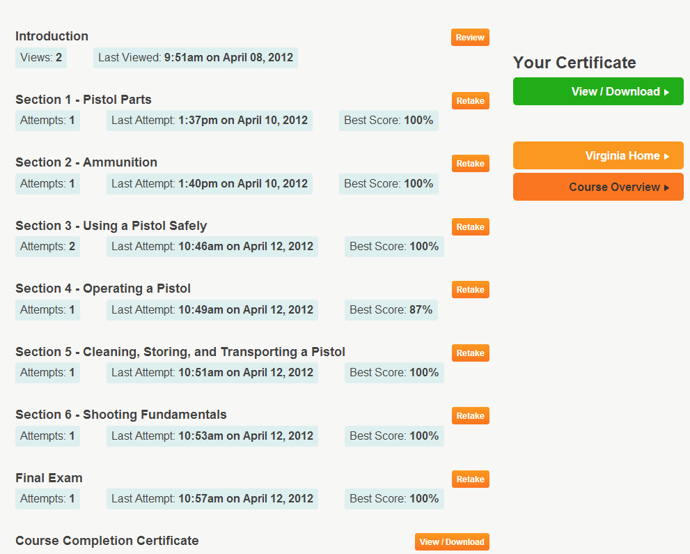 Screenshot of the safety course overview interface